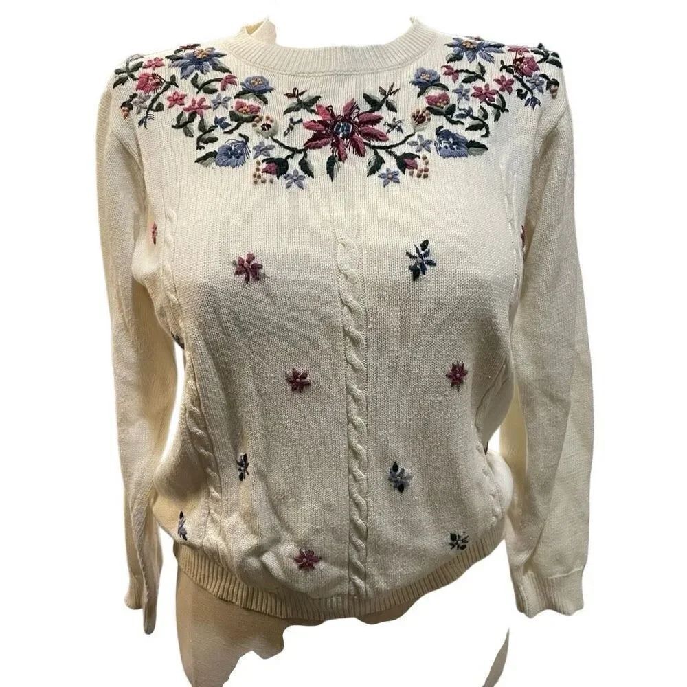 Vtg Womens 90s Knit Crewneck Sweater S Floral Embroidered Cottagecore Grannycore